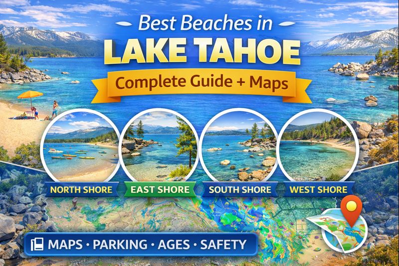 Best beaches in Lake Tahoe guide showing clear water, shoreline access, parking and family trip planning