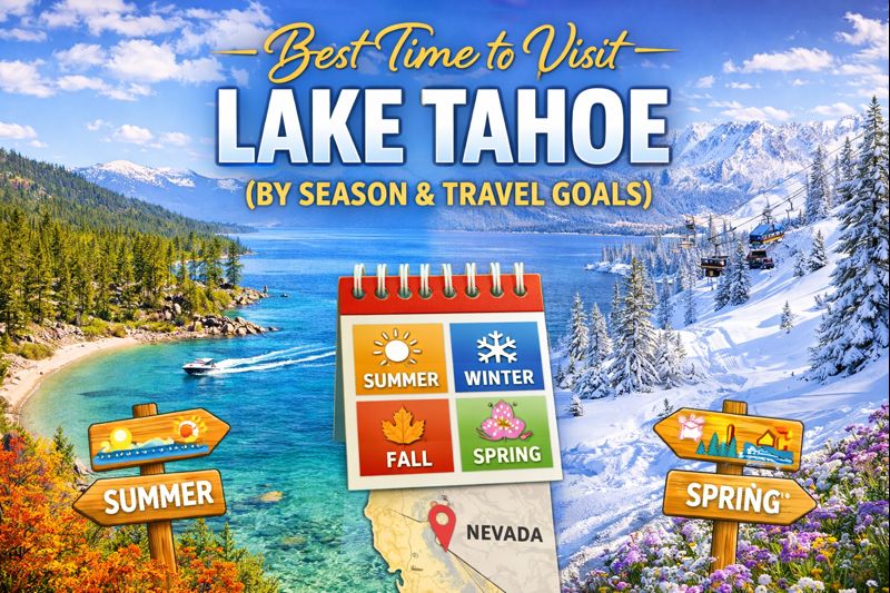 Lake Tahoe through changing seasons with mountains and blue water