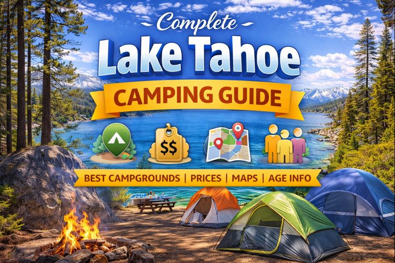 Lake Tahoe camping guide with tents and mountain campground scenery