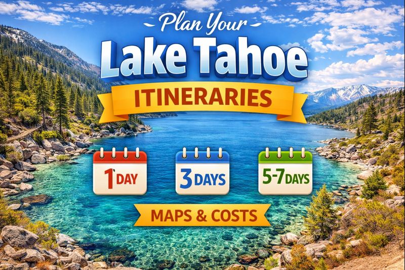 Lake Tahoe itinerary with lake, mountain, and road-trip scenery
