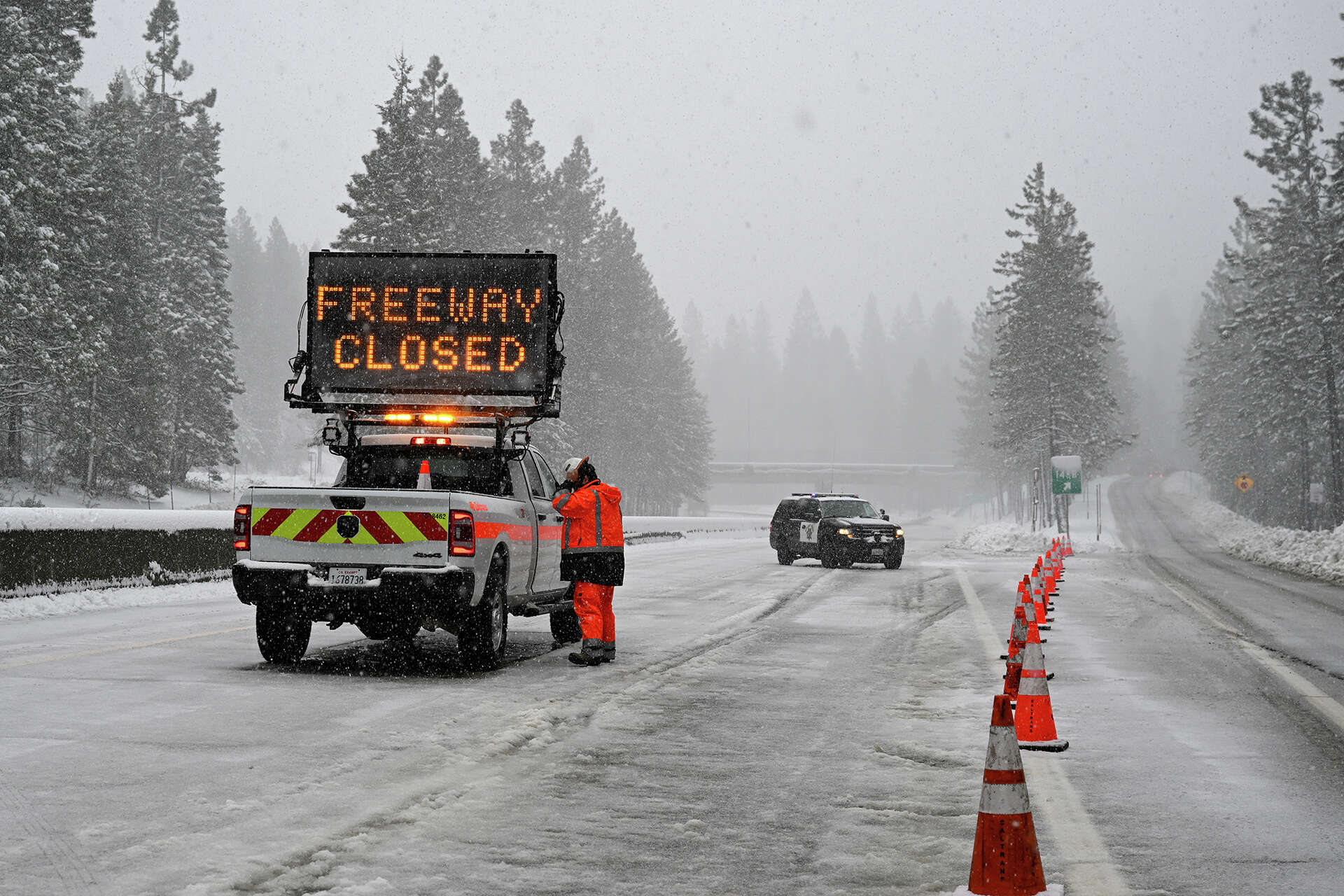 Snowy Lake Tahoe road during November travel conditions