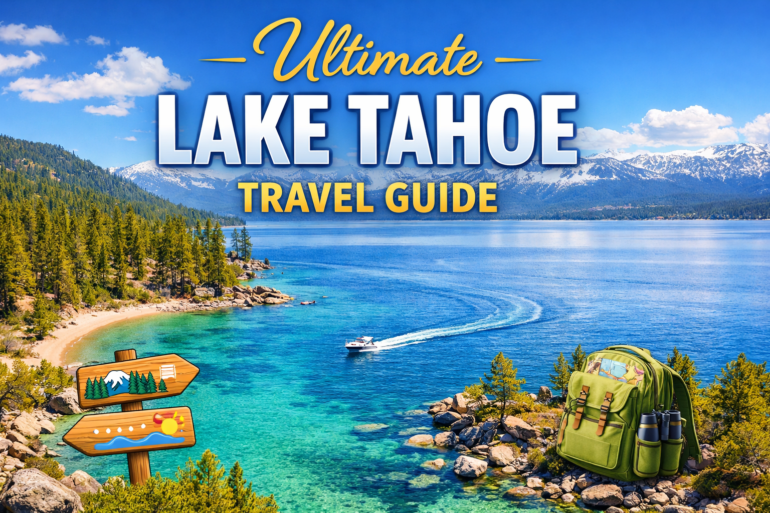 Lake Tahoe travel guide with mountain and lake scenery