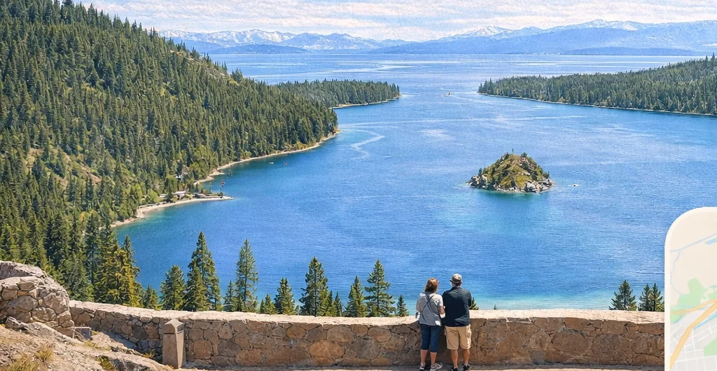 Cropped lake, island and forest view from the site's Emerald Bay illustration