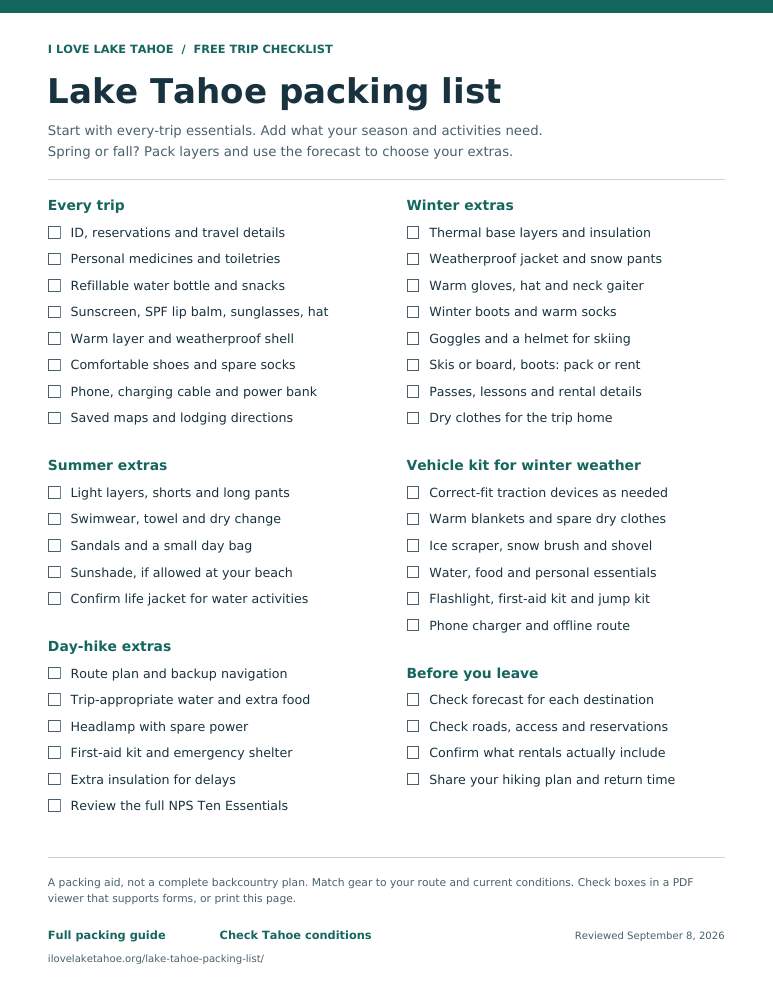 Preview of the one-page Lake Tahoe packing checklist with seasonal checkboxes