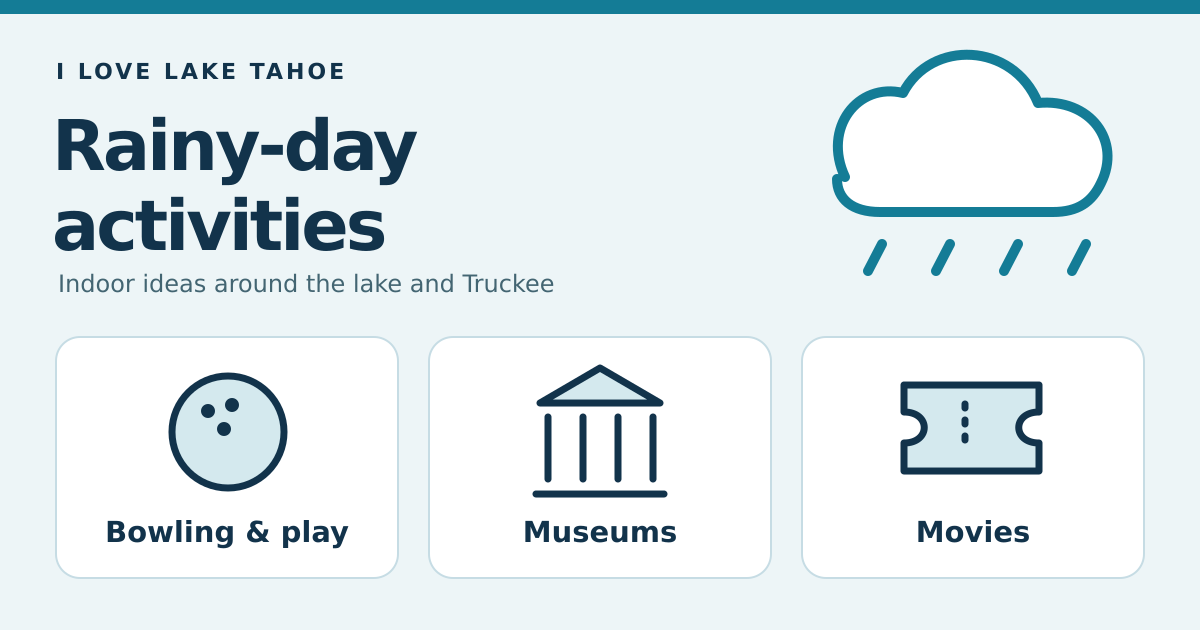 Illustrated Lake Tahoe rainy-day guide with bowling, museum and movie symbols