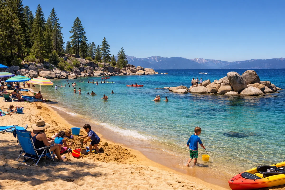 Family beach day at Sand Harbor on Lake Tahoe